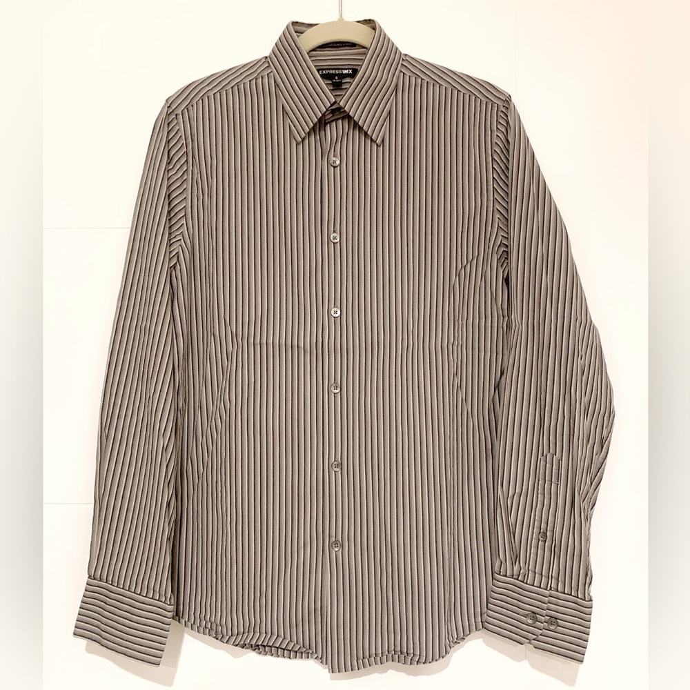 Sz S Men’s Express 1MX Modern Fit Stretch Cotton Striped Dress Shirt White Gray